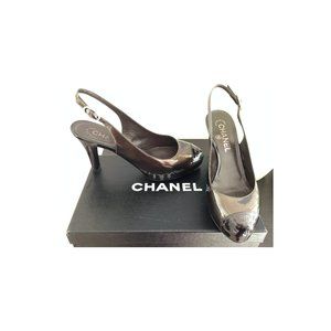 Auth Chanel CC LOGO TOE bronze w/ black slingback pumps box bags SZ 7 US 37 EU